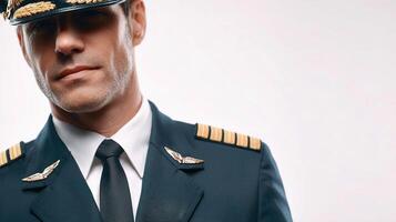 A man in a pilot uniform with a gold star on his hat photo