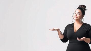 A woman in a black dress is standing with her hands out photo