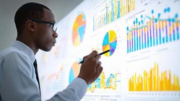 A man in a business suit is looking at a large screen with graphs and charts photo