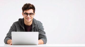 A young man with glasses is sitting at a table with a laptop photo