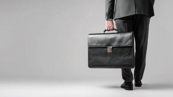 Businessman with briefcase on gray background photo