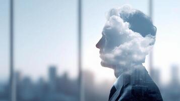 Businessman with cloud in his head and cityscape background photo