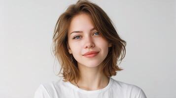 A woman with a white t - shirt and blue eyes photo