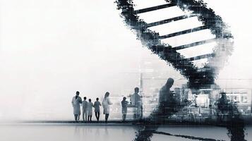 Dna technology and people standing in front of a dna structure photo