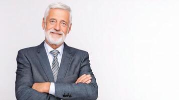 An older man with a white beard and suit photo