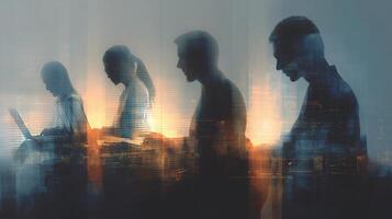 Silhouettes of people standing in front of a city skyline photo