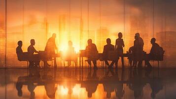 Silhouette of business people at a conference table in front of a cityscape photo