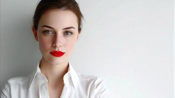 A woman with red lipstick and white shirt photo
