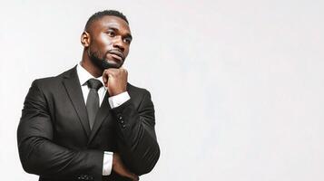 A man in a suit and tie standing with his hand on his chin photo