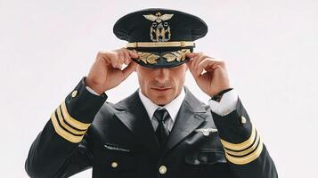 un hombre en un piloto uniforme ajustando su sombrero foto