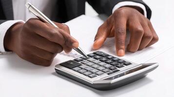 A man in a suit is using a calculator photo