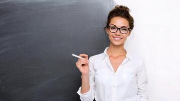 A woman in glasses is standing in front of a chalkboard photo