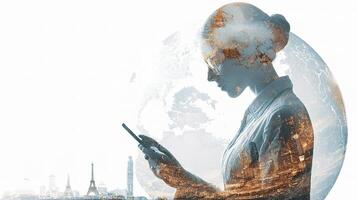 A woman is looking at her phone while standing in front of a cityscape photo