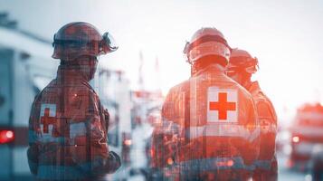 Two men in red uniforms standing in front of an ambulance photo