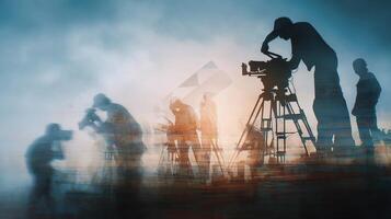 Silhouettes of people working on a film set photo