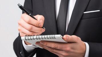 A man in a suit is writing on a notepad photo