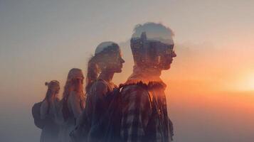 Double exposure of people walking in the sunset photo