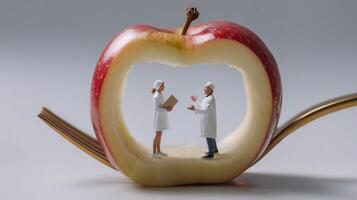 Miniature people in a cut apple photo