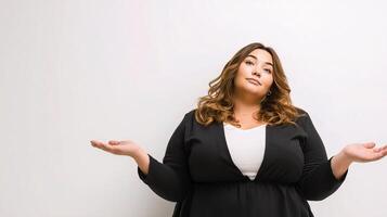A woman in a black suit is holding her hands up photo