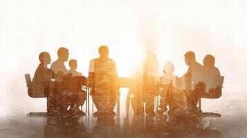 Silhouette of business people sitting at a table in a meeting room photo