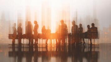 Business people standing in front of a table with city lights in the background photo