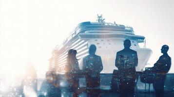 Business people standing in front of a cruise ship photo