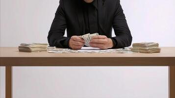 A man in a suit sitting at a table with stacks of money photo
