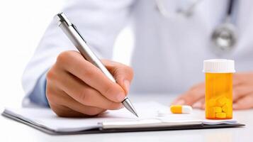 A doctor is writing on a clipboard with a pen and a pill bottle photo
