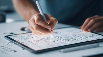 A person is drawing on a tablet with a pen photo