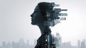 The woman's head is made up of a cityscape photo