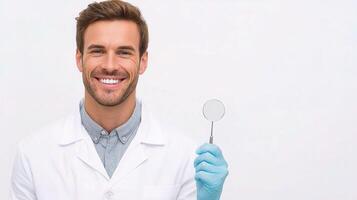 A man in a lab coat holding a mirror photo