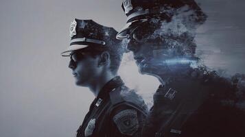 Two police officers are standing next to each other photo
