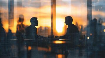 Two people sitting at a table in front of a city skyline photo