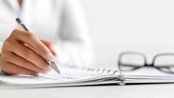 A woman's hand writing on a notepad with a pen photo
