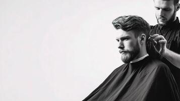 A man is getting his hair cut by another man photo