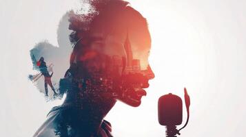 A woman is singing into a microphone with a city in the background photo