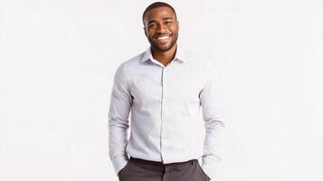 A smiling black man in a shirt and pants photo