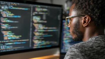 A man in glasses is looking at a computer screen photo