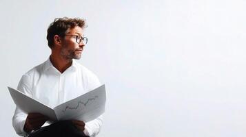A man in glasses is holding a piece of paper photo