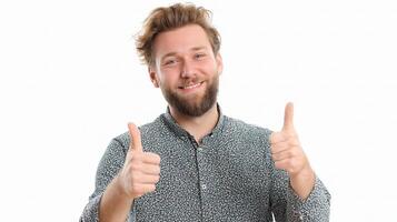 A man with a beard and shirt is giving a thumbs up photo