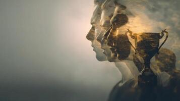 Double exposure of a man with a trophy in his head photo