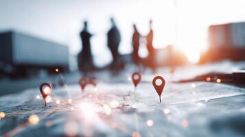 Business people in the background with pins on a map photo