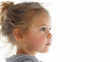 A little girl with a ponytail looking off to the side photo