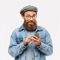 A bearded man with glasses and a denim jacket holding a cell phone photo