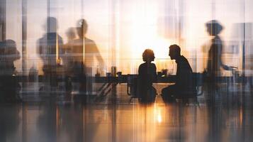 People sitting at a table in an office with the sun setting photo