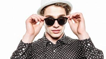 A man wearing sunglasses and a hat photo