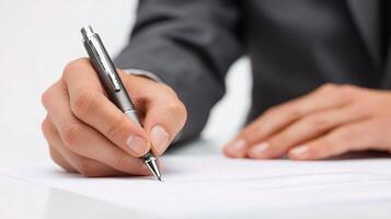 A person in a suit holding a pen and writing on a piece of paper photo