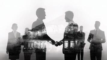 Business people shaking hands in front of a house photo