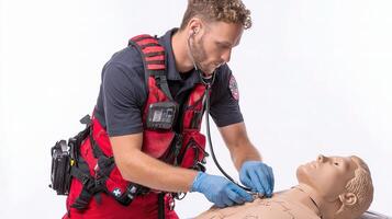 A man in a red shirt and blue gloves is working on a dummy photo
