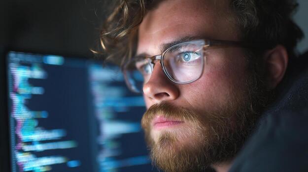 A man with glasses and a beard looking at a computer screen photo